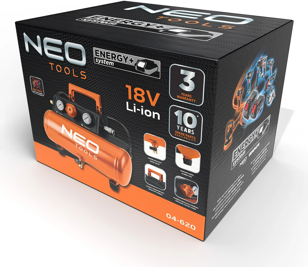 Neo „Energy+“ 18 V akumuliatorinis kompresorius, 8 barai, 3,8 l, be akumuliatoriaus