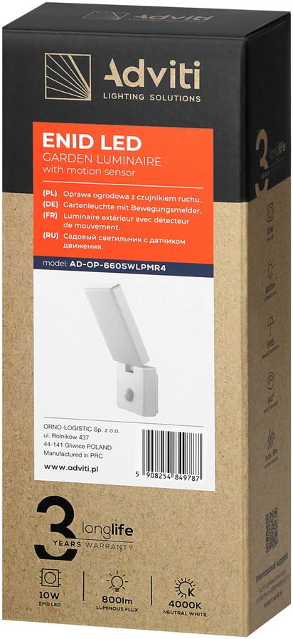 Orno ENID LED 10W, sodo šviestuvas su PIR judesio jutikliu, 800lm, IP65, 4000K, baltas