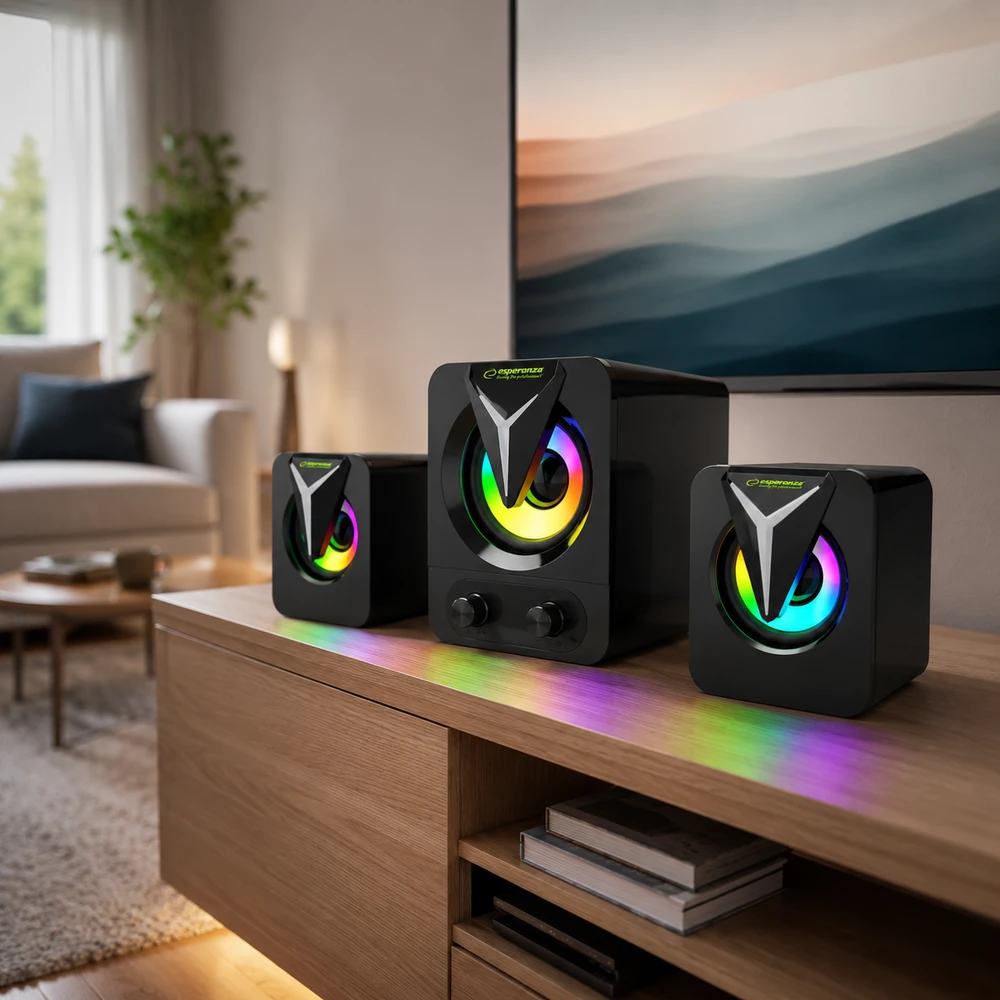 Kompiuterio kolonėlės EGS107 Esperanza garsiakalbiai 2.1 usb led vaivorykštinis sopranas