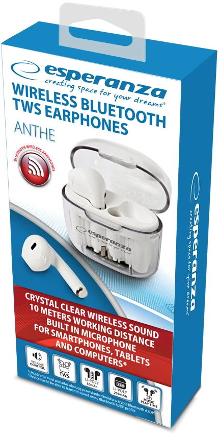 Belaidės Ausinės - Esperanza EH237W Bluetooth 5.3 TWS 10m Nuotolis Baltos