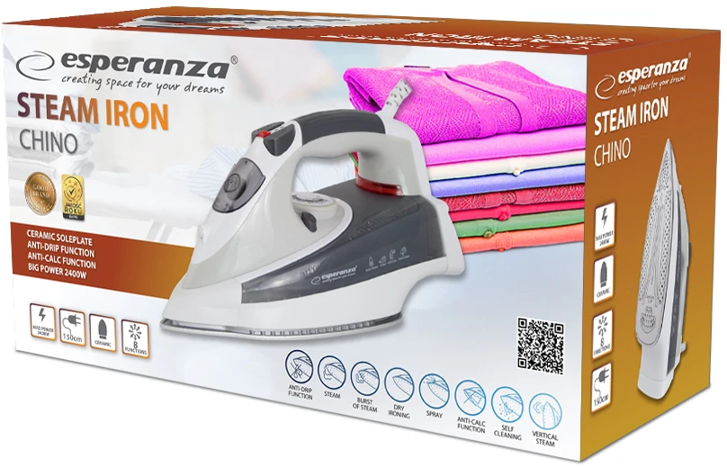 Geležinis Lygintuvas - Esperanza CHINO 2400W Keraminė Padas Sausas ir Garų Lyginimas Juodas, Pilkas, Baltas