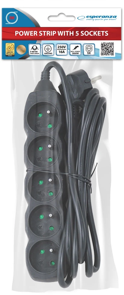Esperanza ELK208K Power strip 5GN/3M Juodas