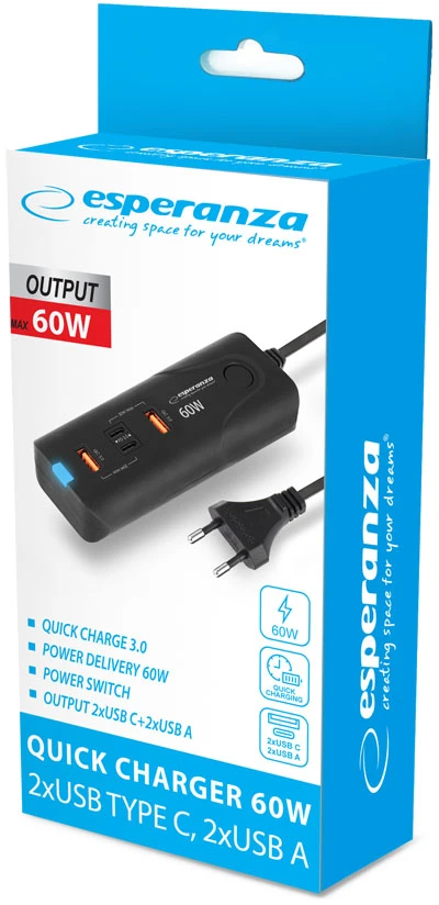 Mobilus Įrenginys - Esperanza EZC109 60W Greitas Įkrovimas 4 Prievadai Juodas