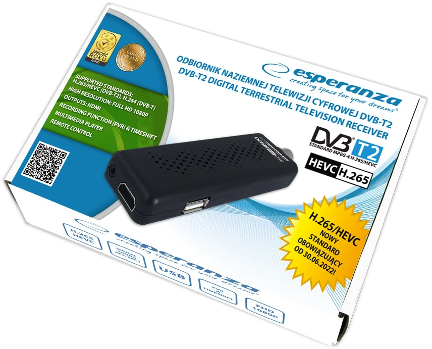 „Esperanza“ skaitmeninis imtuvas / dekoderis DVB-T2 H.265 / HEVC EV109R