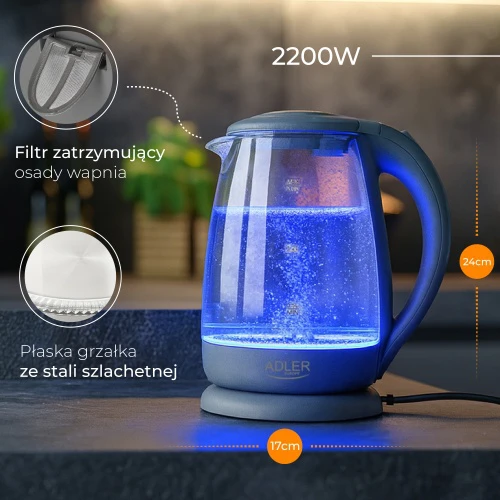Adler | Virdulys | AD 1286 | Standard | 2200 W | 2 L | Plastic/Glass | 360° rotational base | Pilkas