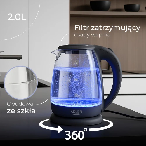 Adler | Virdulys | AD 1286 | Standard | 2200 W | 2 L | Plastic/Glass | 360° rotational base | Pilkas
