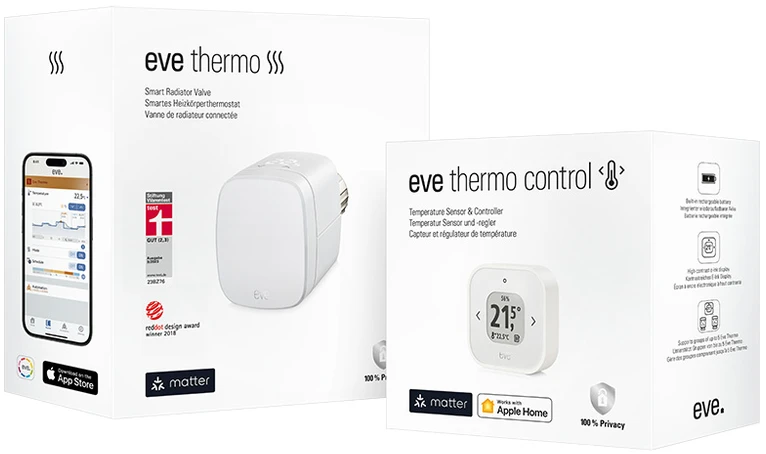 Eve Systems Eve Thermo Comfort Set – rinkinys, kuriame yra Eve Thermo ir Eve Thermo Control (Matter technologija)