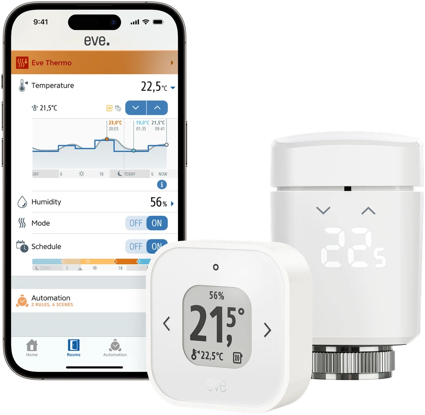 Eve Systems Eve Thermo Comfort Set – rinkinys, kuriame yra Eve Thermo ir Eve Thermo Control (Matter technologija)
