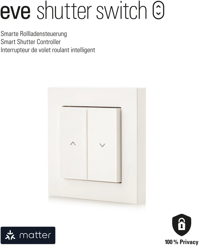Eve Systems „Carruzzo Eve Shutter Switch Matter“ – išmanusis langų žaliuzių valdiklis (suderinama su: „Apple Home“, „Samsung SmartThings“, „Alexa“, „Google Home“, „Home Assistant“)