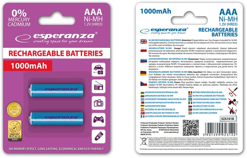 EZA101B Esperanza įkraunamos ni-mh aaa 1000mah baterijos 2 vnt mėlynos spalvos