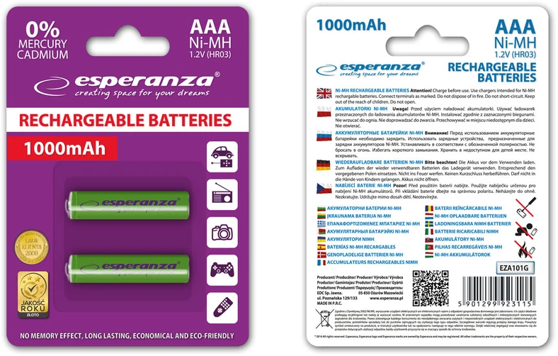 EZA101G Esperanza įkraunamos ni-mh aaa 1000mah baterijos 2 vnt žalios