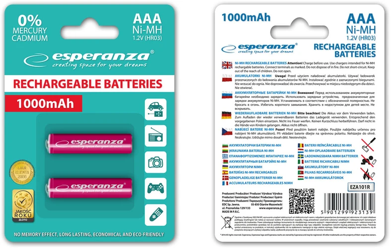 EZA101R Esperanza įkraunamos Ni-MH AAA 1000mAh baterijos, 2 vnt., raudonos