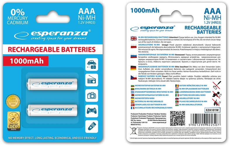 EZA101W Esperanza įkraunamos ni-mh aaa 1000mah baterijos 2 vnt baltos