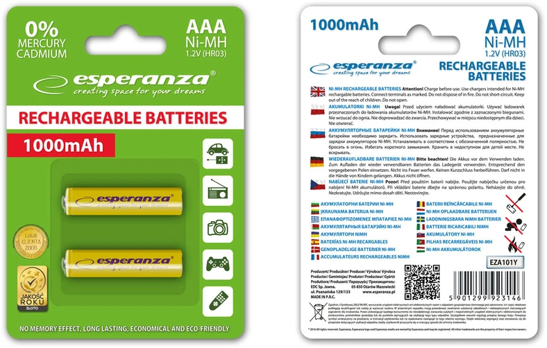 EZA101Y Esperanza įkraunamos Ni-MH AAA 1000mAh baterijos, 2 vnt., geltonos