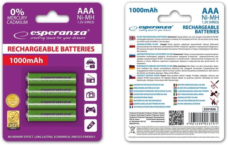 EZA102G Esperanza įkraunamos ni-mh aaa 1000mah baterijos 4 vnt žalios