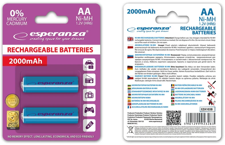 EZA103B Esperanza įkraunamos Ni-MH AA 2000 mAh baterijos, 2 vnt., mėlynos