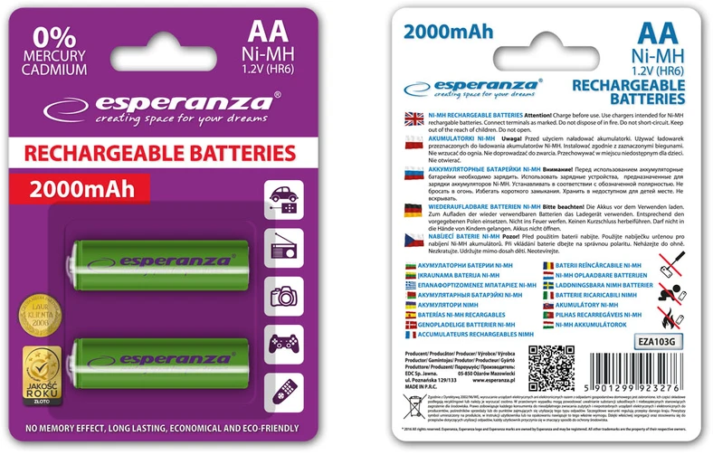 EZA103G Esperanza įkraunamos Ni-MH AA 2000mAh baterijos, 2 vnt. žalios