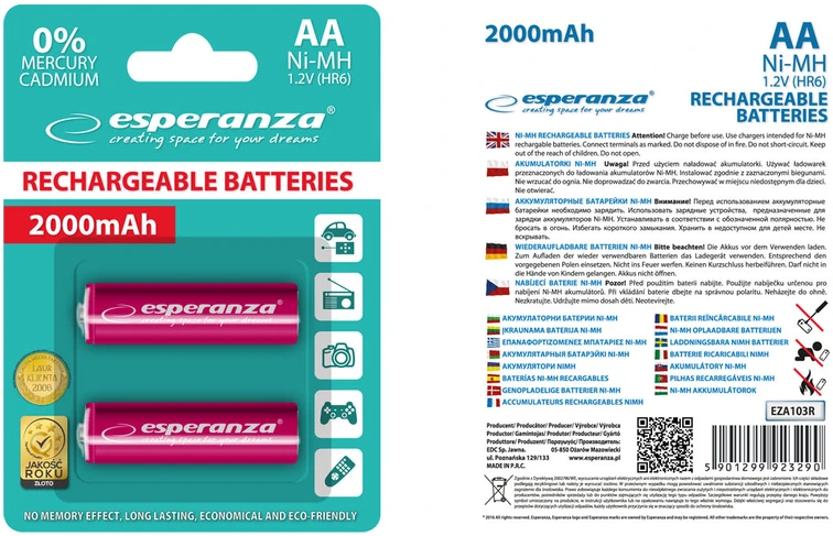 EZA103R Esperanza įkraunamos Ni-MH AA 2000mAh baterijos, 2 vnt. raudonos