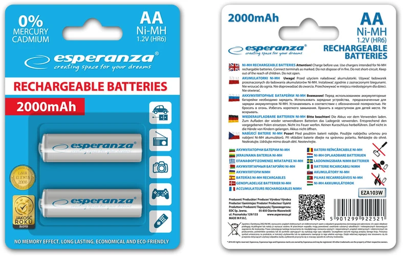 EZA103W Esperanza įkraunamos Ni-MH AA 2000 mAh baterijos, 2 vnt. baltos