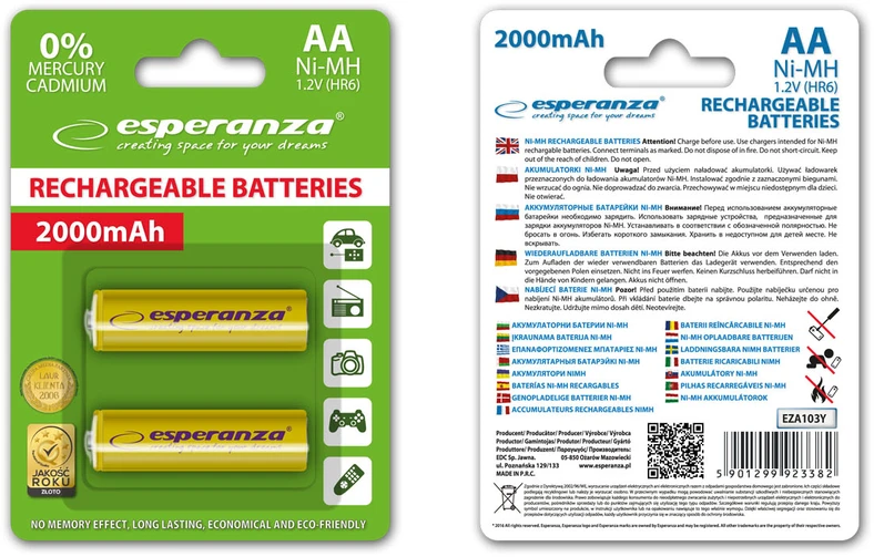 EZA103Y Ni-Mh AA 2000mAh įkraunamos baterijos, 2 vnt., geltonos, Esperanza