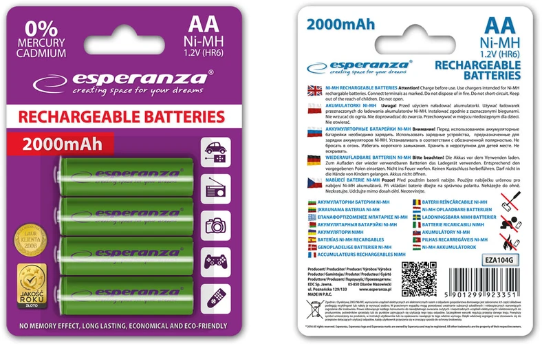 EZA104G Esperanza įkraunamos ni-mh aa 2000mah baterijos 4 vnt žalia