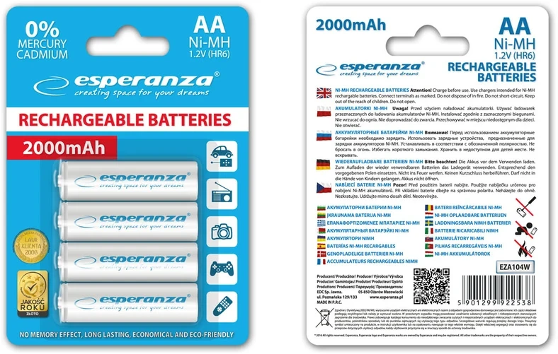 EZA104W Esperanza įkraunamos ni-mh aa 2000mah baterijos 4 vnt baltos spalvos