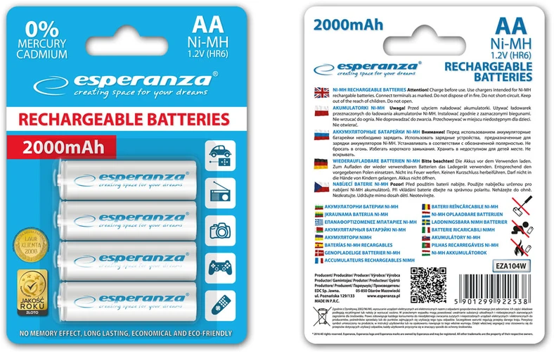 EZA104W Esperanza įkraunamos ni-mh aa 2000mah baterijos 4 vnt baltos spalvos