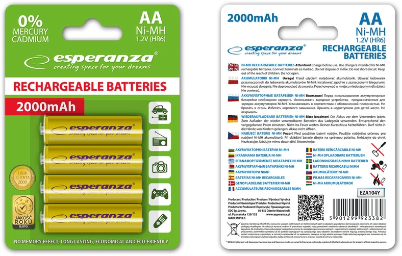 EZA104Y Esperanza įkraunamos ni-mh aa 2000mah baterijos 4 vnt geltonos