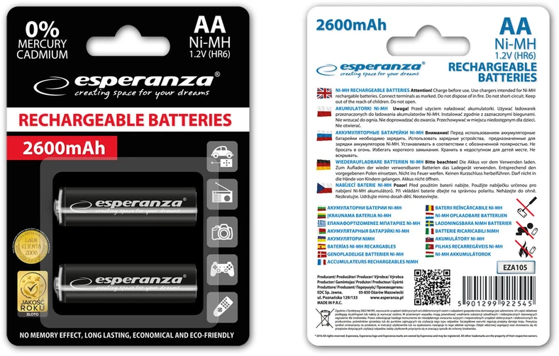 EZA105 Esperanza įkraunamos Ni-MH AA didelės talpos 2600 mAh baterijos, 2 vnt. juodos