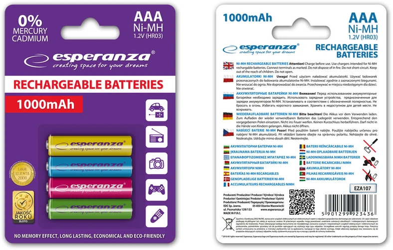 EZA107 Esperanza įkraunamos Ni-MH baterijos AAA 1000mAh 4 vnt. mišrių spalvų
