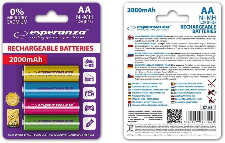 EZA108 Esperanza įkraunamos Ni-MH AA 2000 mAh baterijos, 4 vnt., mišrių spalvų