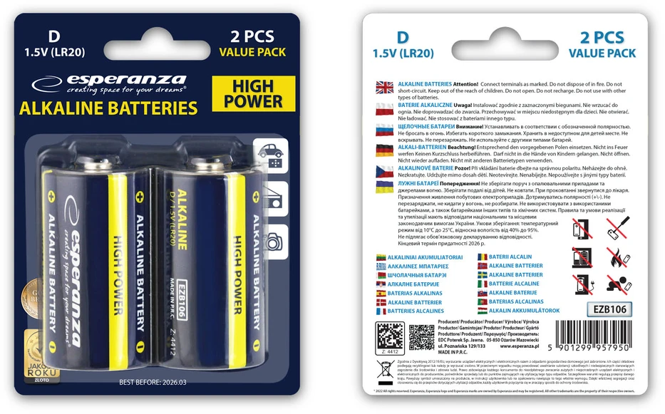 EZB106 Esperanza šarminės baterijos LR20 D 2 vnt. lizdinėje pakuotėje