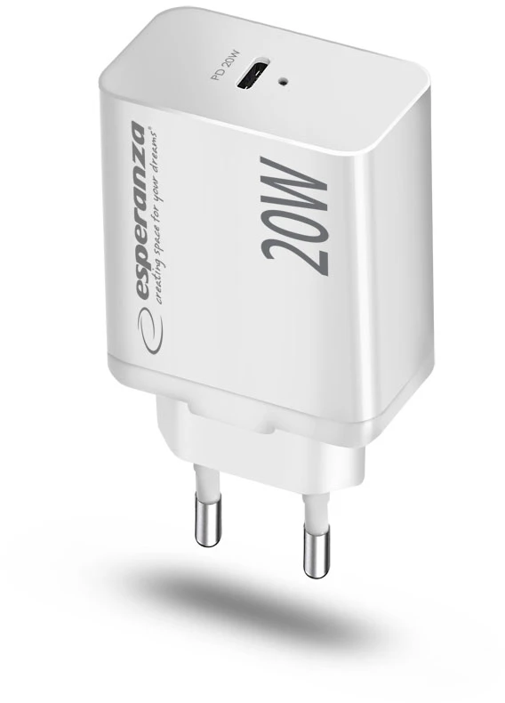 EZC104W Esperanza 20W USB-C PD sieninis įkroviklis, baltas
