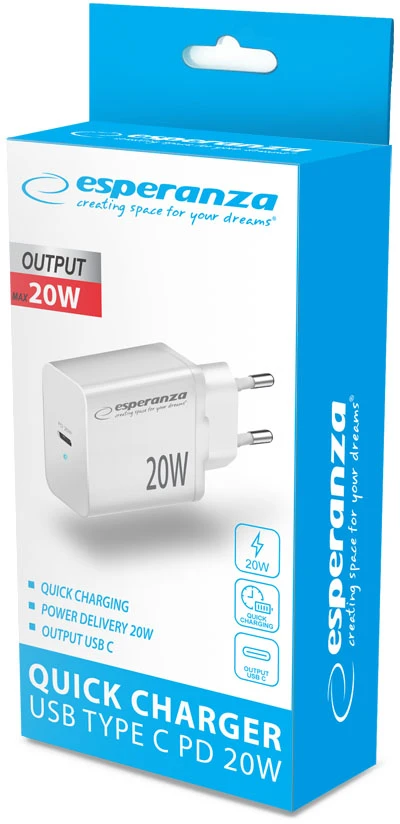 EZC104W Esperanza 20W USB-C PD sieninis įkroviklis, baltas