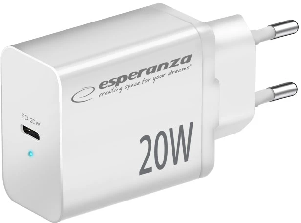EZC104W Esperanza 20W USB-C PD sieninis įkroviklis, baltas