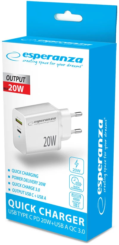Esperanza EZC105W mains charger 20W Baltas