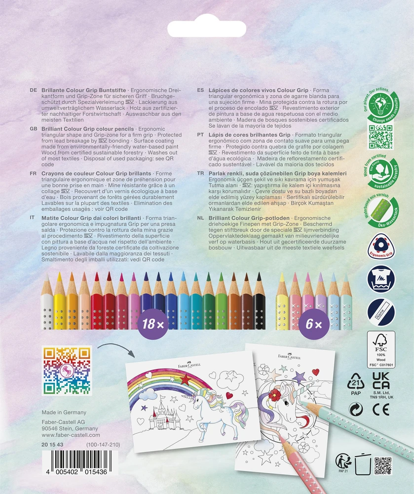 Spalvoti pieštukai Faber-Castell Colour Grip Unicorn 18 +6 sparkle pastell spalvos