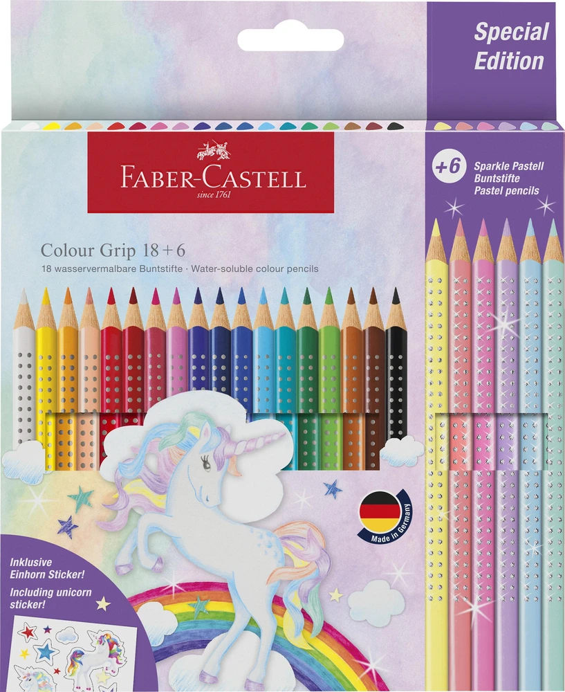 Spalvoti pieštukai Faber-Castell Colour Grip Unicorn 18 +6 sparkle pastell spalvos