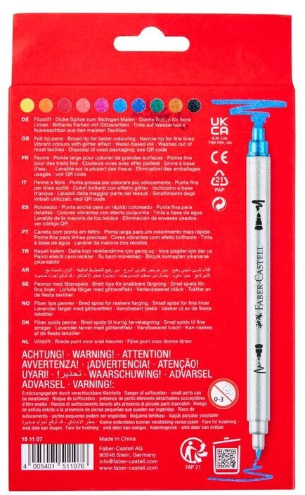 Flomasteriai Faber-Castell, 10 spalvų, dvipusiai, su blizgučiais