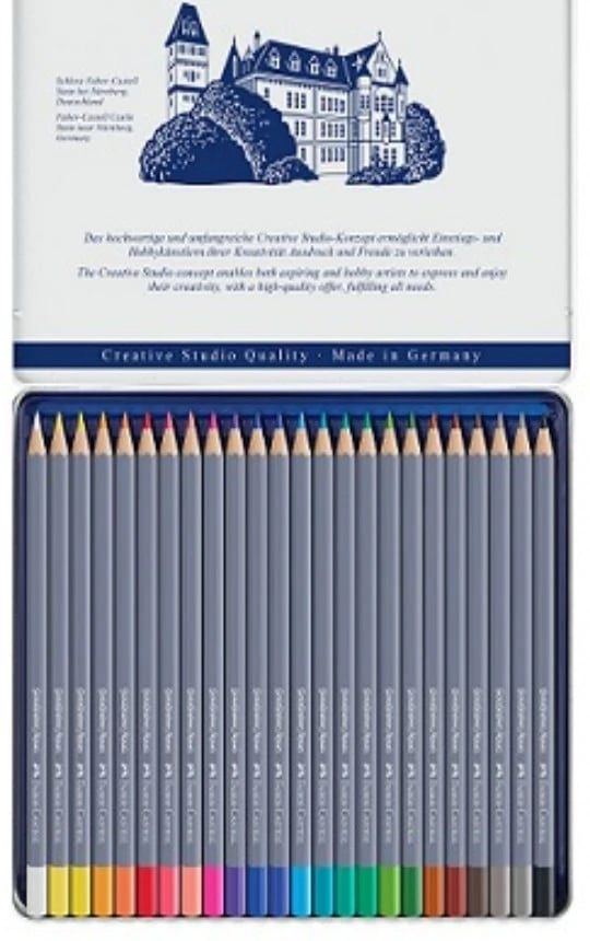 Spalvoti akvareliniai pieštukai Faber-Castell Goldfaber Aqua Creative Studio, 24 spalvų, metalinėje dėžutėje