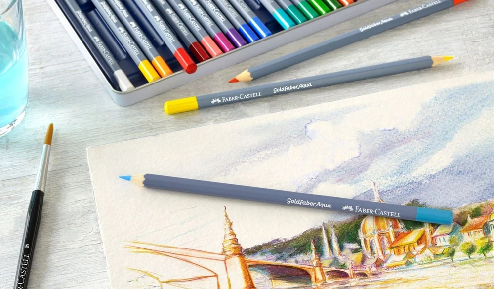 Spalvoti akvareliniai pieštukai Faber-Castell Goldfaber Aqua Creative Studio, 24 spalvų, metalinėje dėžutėje