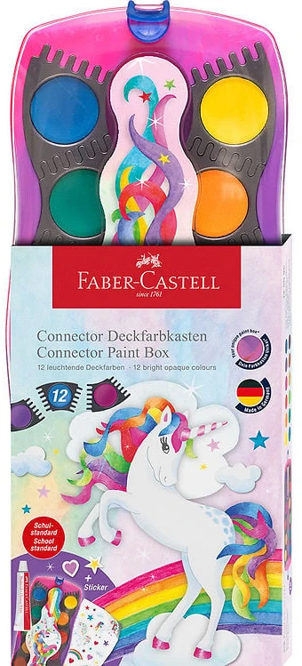Faber-Castell - Jungiamoji dažų dėžutė vienaragio rožinė, 12 spalvų, įskaitant kinišką baltą (125035)