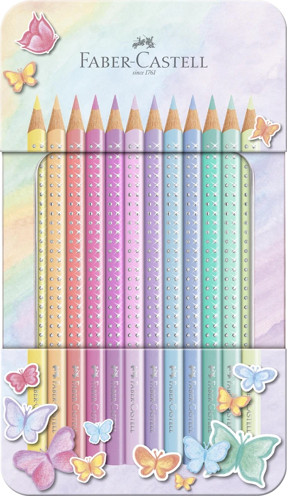 Spalvoti pieštukai Faber-Castell Sparkle, 12 spalvų, metalinėje dėžutėje