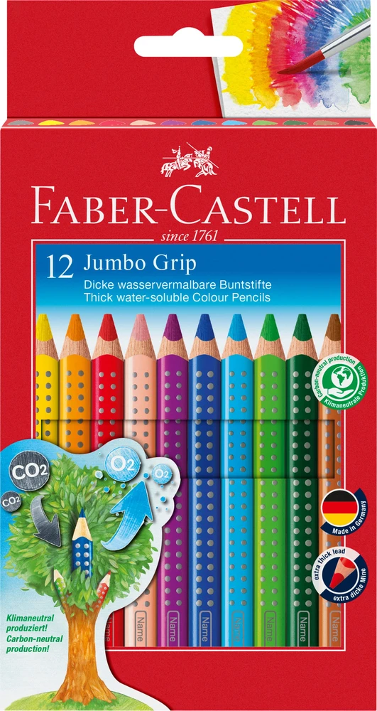 Spalvoti akvareliniai pieštukai Faber-Castell Grip Jumbo, tribriauniai, 12 spalvų