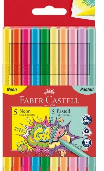 Flomasteriai Faber-Castell Grip, tribriauniai, 10 spalvų