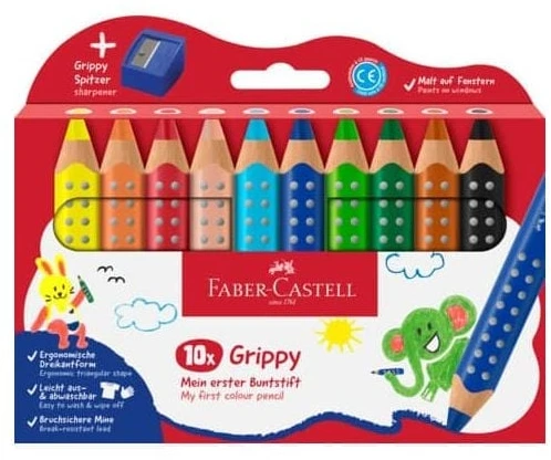 Faber-Castell spalvotų pieštukų rinkinys „Grippy“, 10 vnt., su drožtuku (110636), tvirti