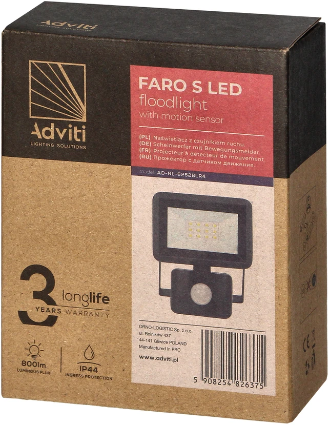 Orno FARO S LED prožektorius su PIR 10W, 800lm, IP44, 4000K, aliuminis + stiklas