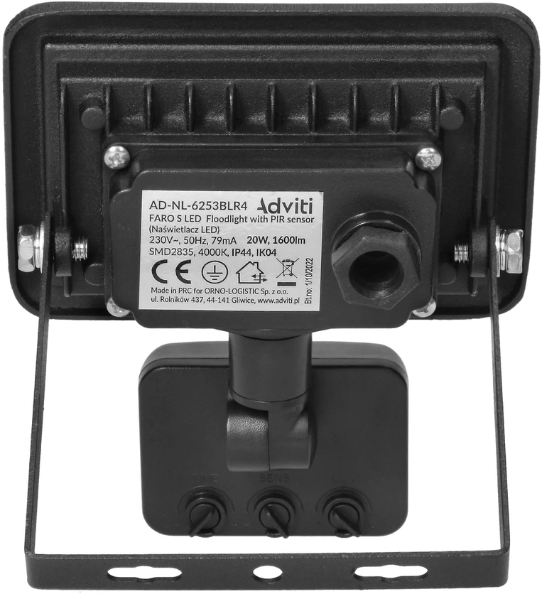 Orno FARO S LED prožektorius su PIR 20W, 1600lm, IP44, 4000K, aliuminis + stiklas