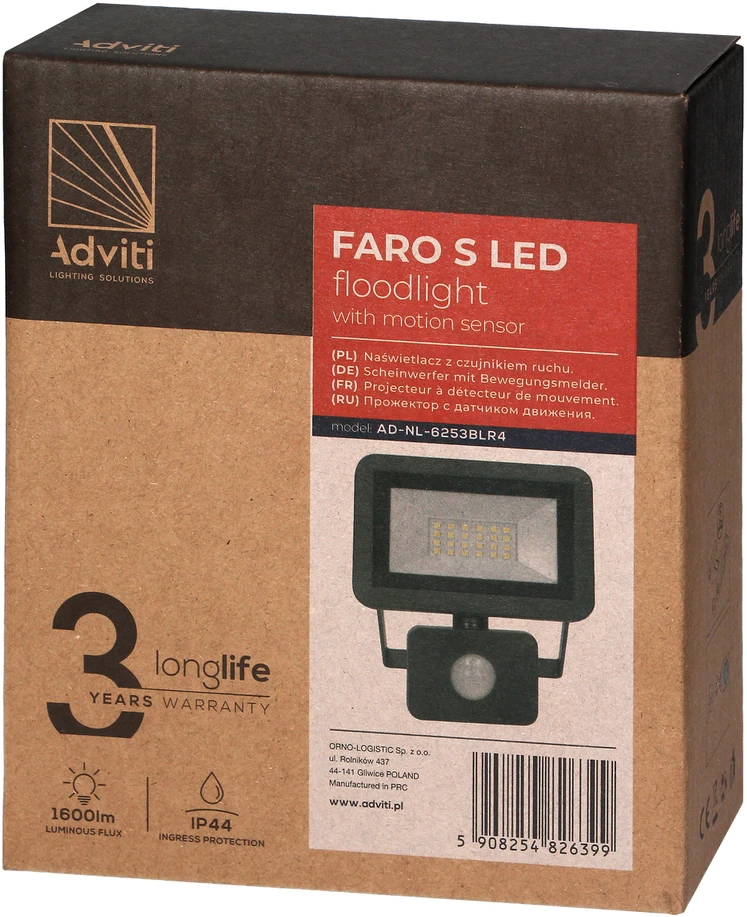 Orno FARO S LED prožektorius su PIR 20W, 1600lm, IP44, 4000K, aliuminis + stiklas