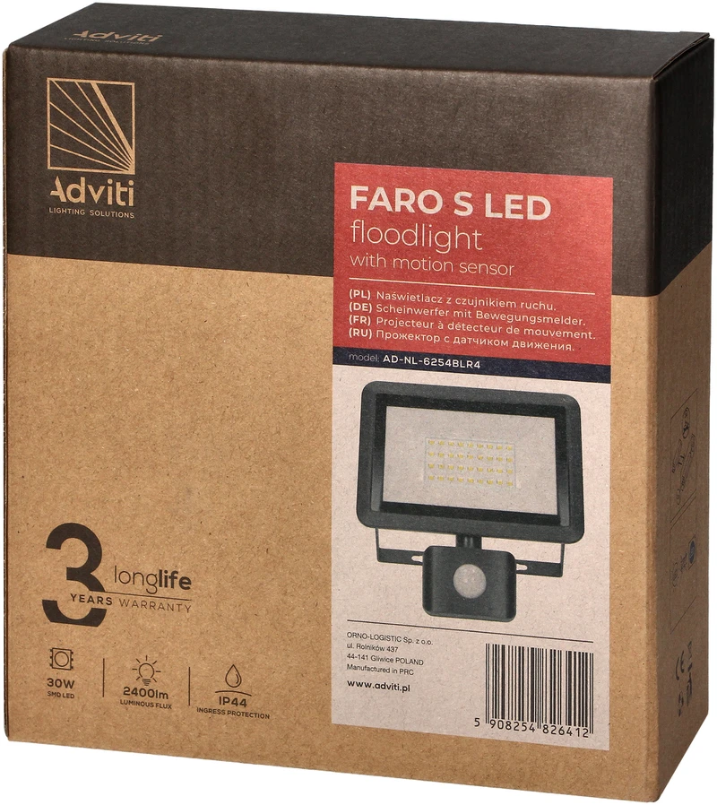 Orno FARO S LED prožektorius su PIR 30W, 2400lm, IP44, 4000K, aliuminis + stiklas